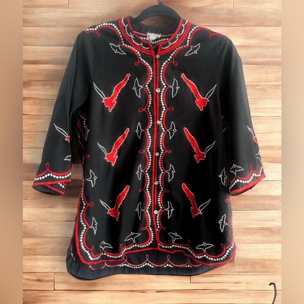 Vintage Embroidered Black Tunic, Button Down, Three Quarter Sleeve Small, EUC